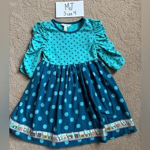 Matilda Jane Girls Teal and Navy Polka Dot 3/4 Sleeve Dress - Size 4